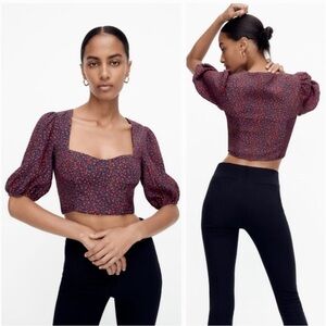 Zara Red and Blue Floral Puff Sleeve Blouse